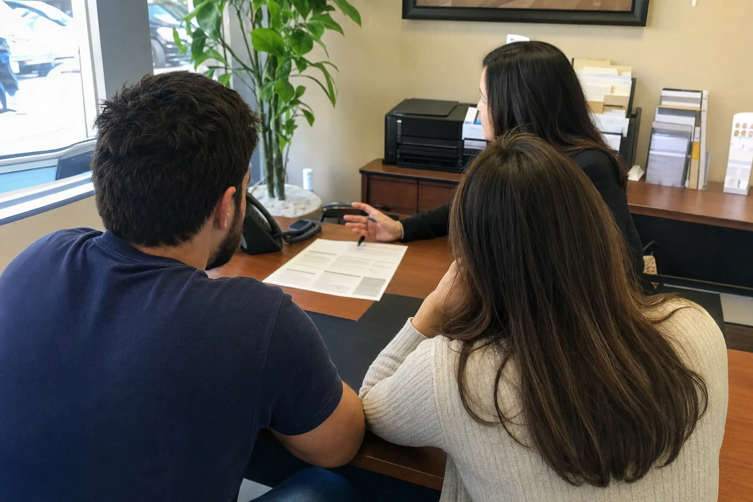 Insurance agent pointing with a pen at a printed sheet on a wooden desk while a young couple sits across from her in a small office with a plant and brochure racks