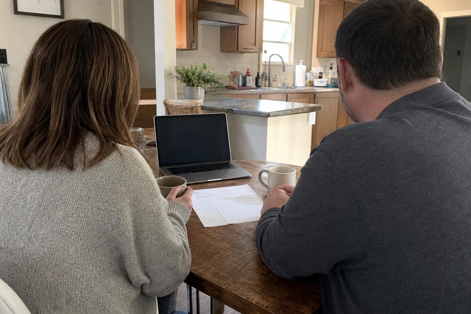 Couple seated at a wooden kitchen table with a laptop, a paper statement and coffee mugs, viewed from behind, with a modest kitchen and island in the background