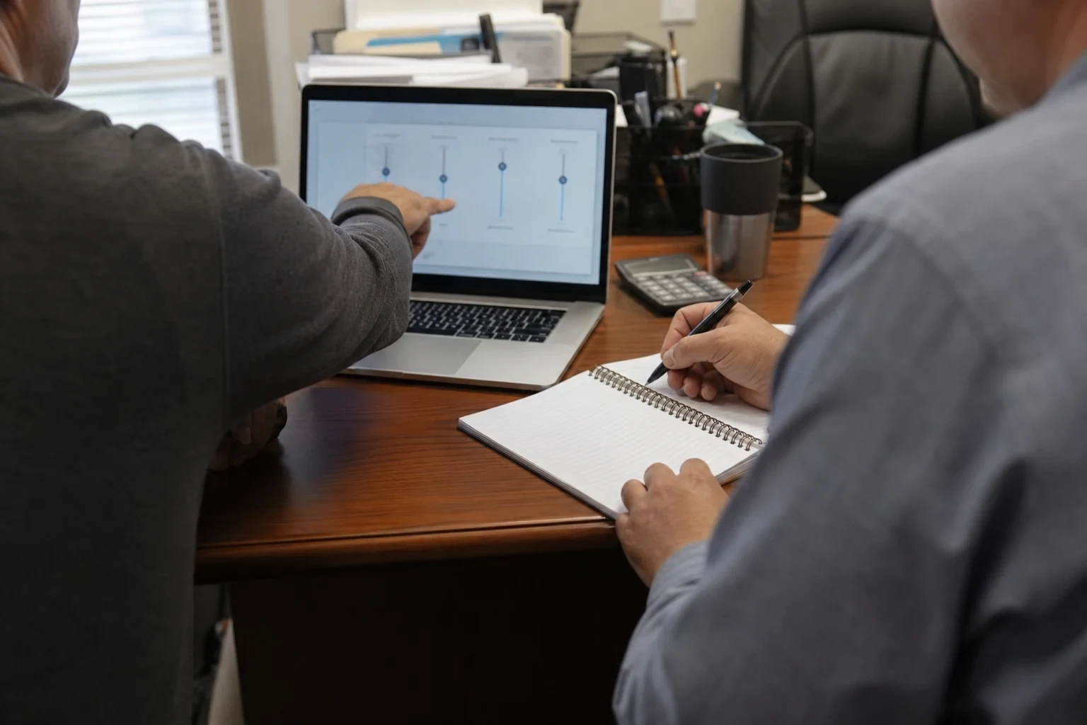 Two men at a wooden office desk; one points to adjustable sliders on a laptop screen while the other takes notes in a spiral notebook beside a calculator.
