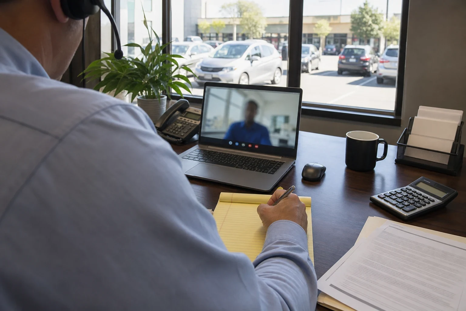 Agent wearing a headset takes notes on a yellow legal pad during a laptop video call at a desk by a window overlooking a sunny parking lot