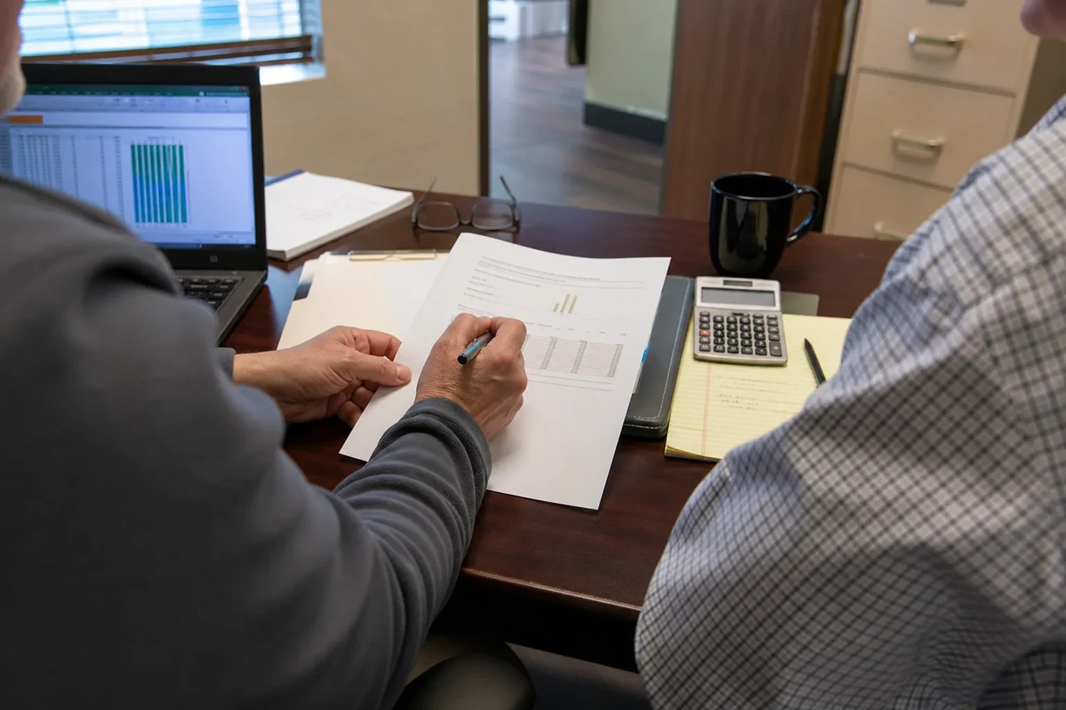 Over-the-shoulder view of two people at an office desk reviewing a printed statement with a pen, beside a calculator, yellow notepad, laptop and filing cabinet.